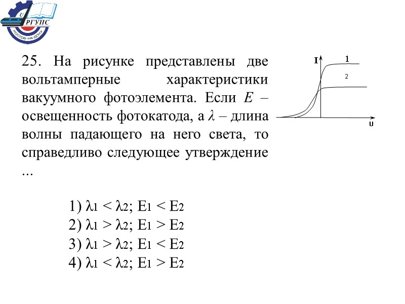 25. На рисунке представлены две вольтамперные характеристики вакуумного фотоэлемента. Если Е – освещенность фотокатода,